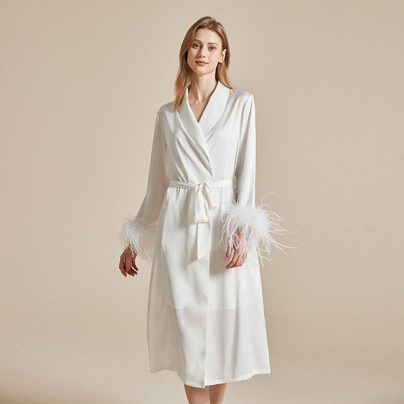 Feather Grace White Feathered Satin Robe