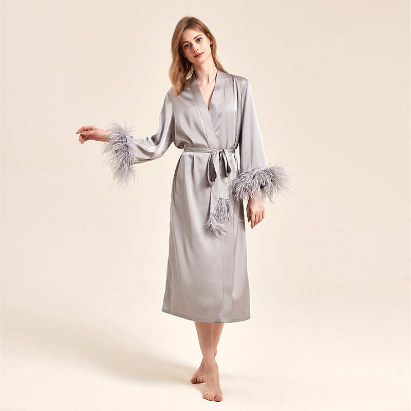 Feather Grace Grey Feathered Satin Robe