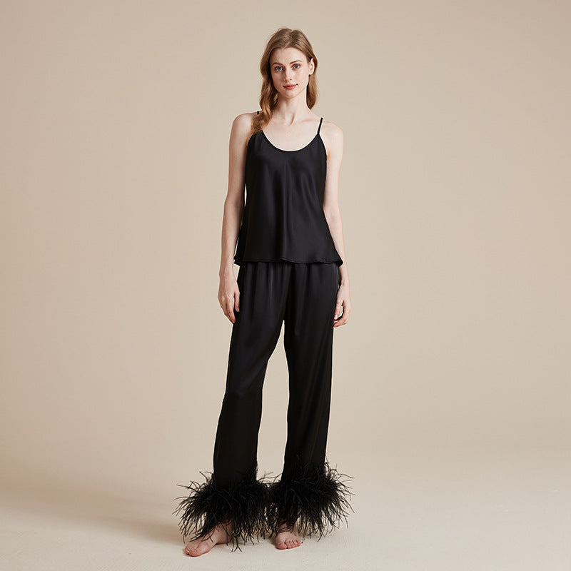 Midnight Luxe – Siyah Saten Tüylü 3’lü Pijama Takımı