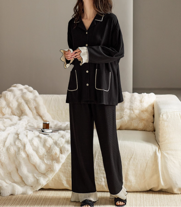 Siyah Fransız Stil Pamuklu Pijama Takımı