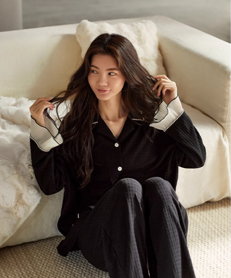 Siyah Fransız Stil Pamuklu Pijama Takımı