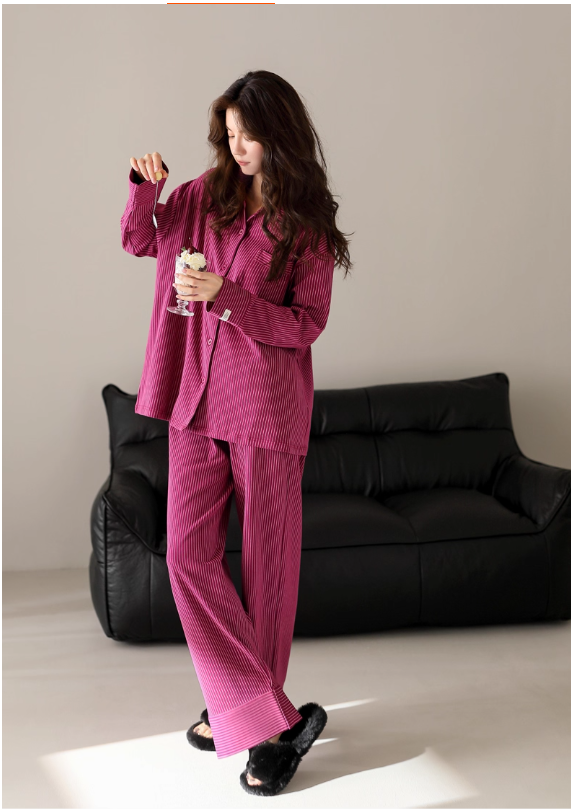 Bordo Zarif Çizgi Desenli Pamuklu Pijama Takımı