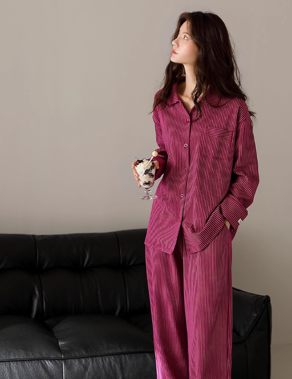 Bordo Zarif Çizgi Desenli Pamuklu Pijama Takımı