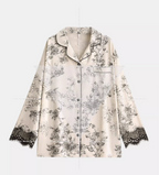 Ekru Dantel Detaylı Vintage Pamuklu Pijama Takımı