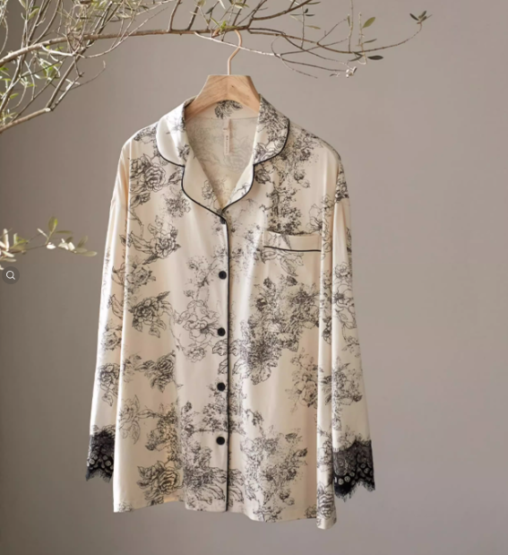 Ekru Dantel Detaylı Vintage Pamuklu Pijama Takımı