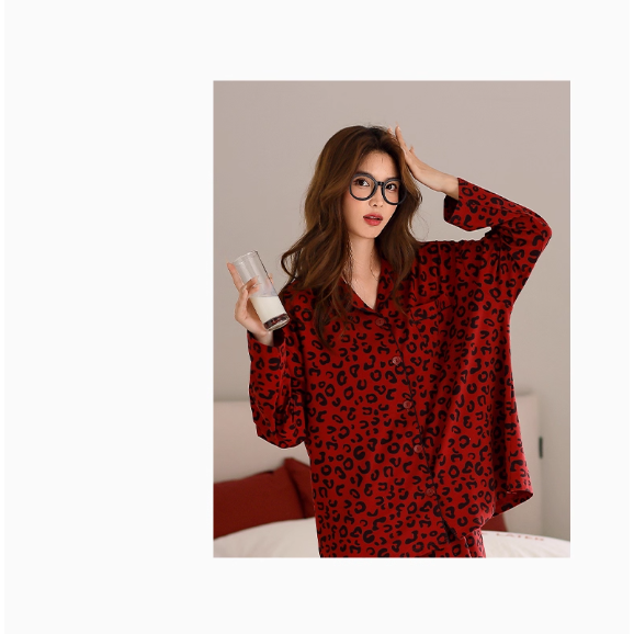 Kırmızı Leopar Desenli Pamuklu Pijama Takımı