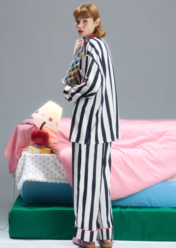 Pembe Yaka Cool Cat Çizgili Pijama Takımı