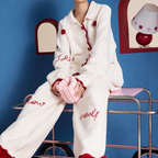 Krem Ponpon Detaylı Lüks Polar Pijama Takımı