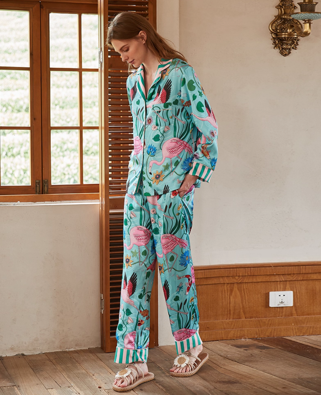 Flamingo Velvet Lined French Luxury Satin Pajama Set