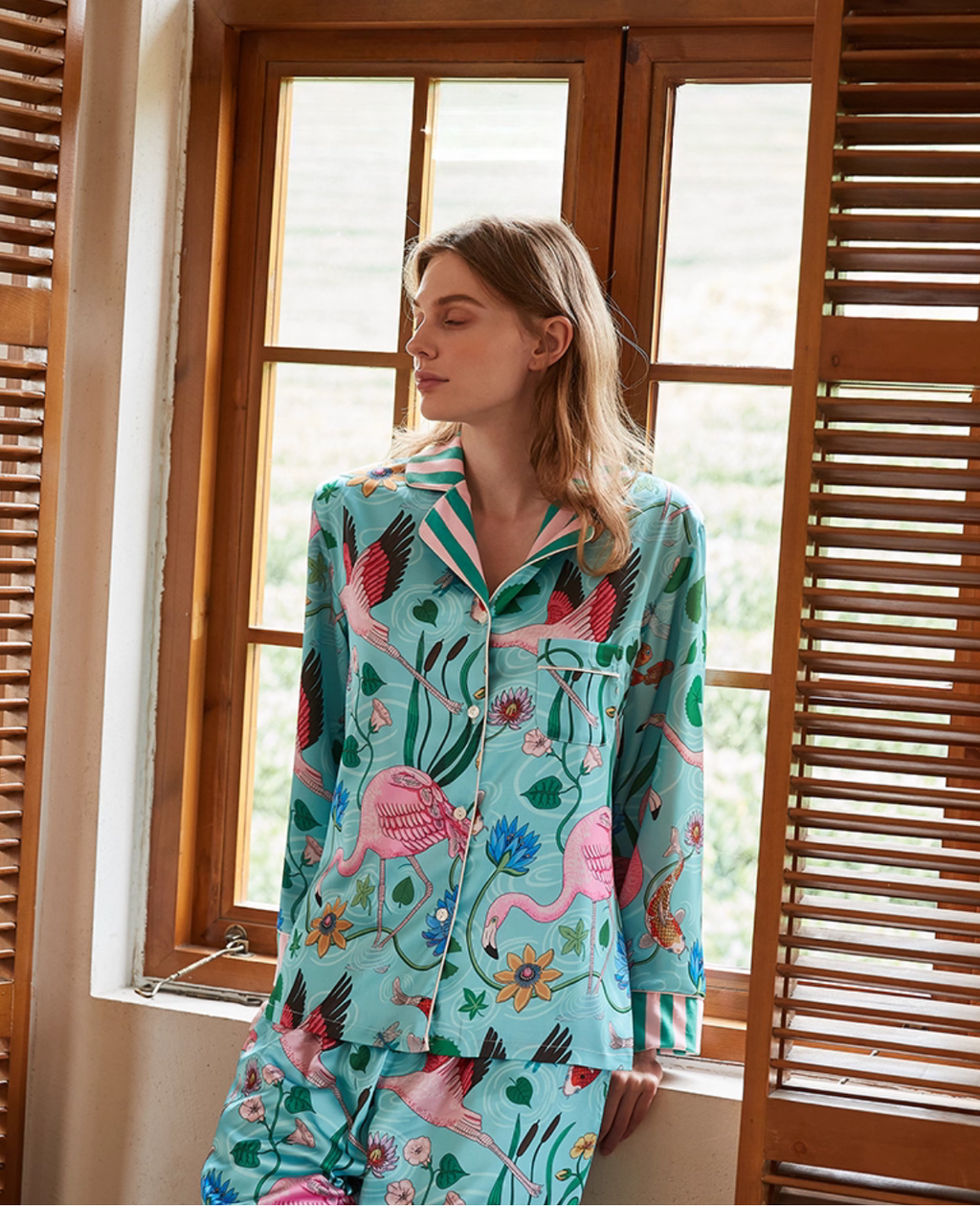 Flamingo Velvet Lined French Luxury Satin Pajama Set
