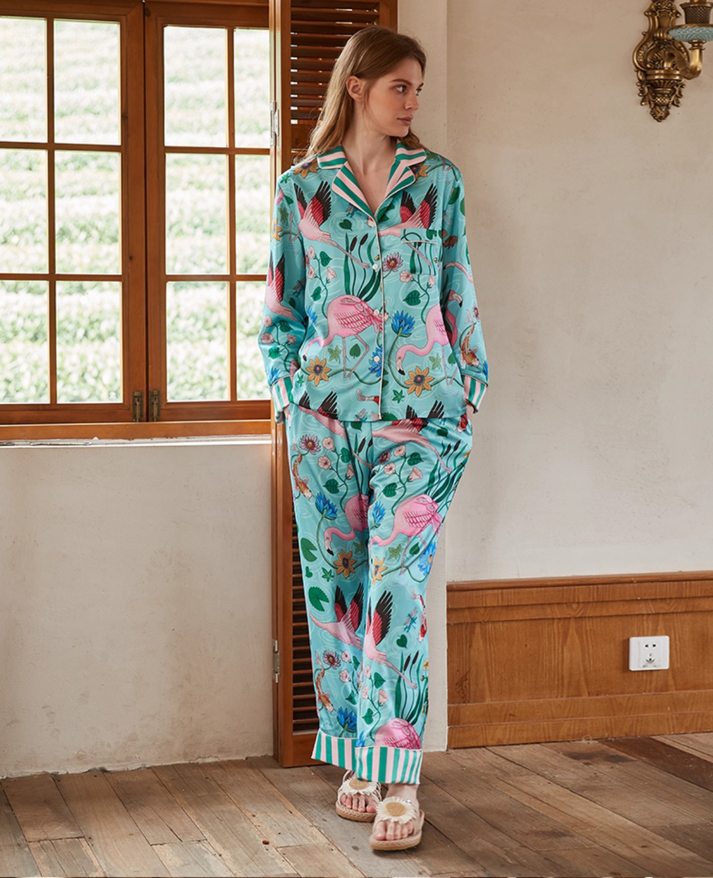 Flamingo Velvet Lined French Luxury Satin Pajama Set