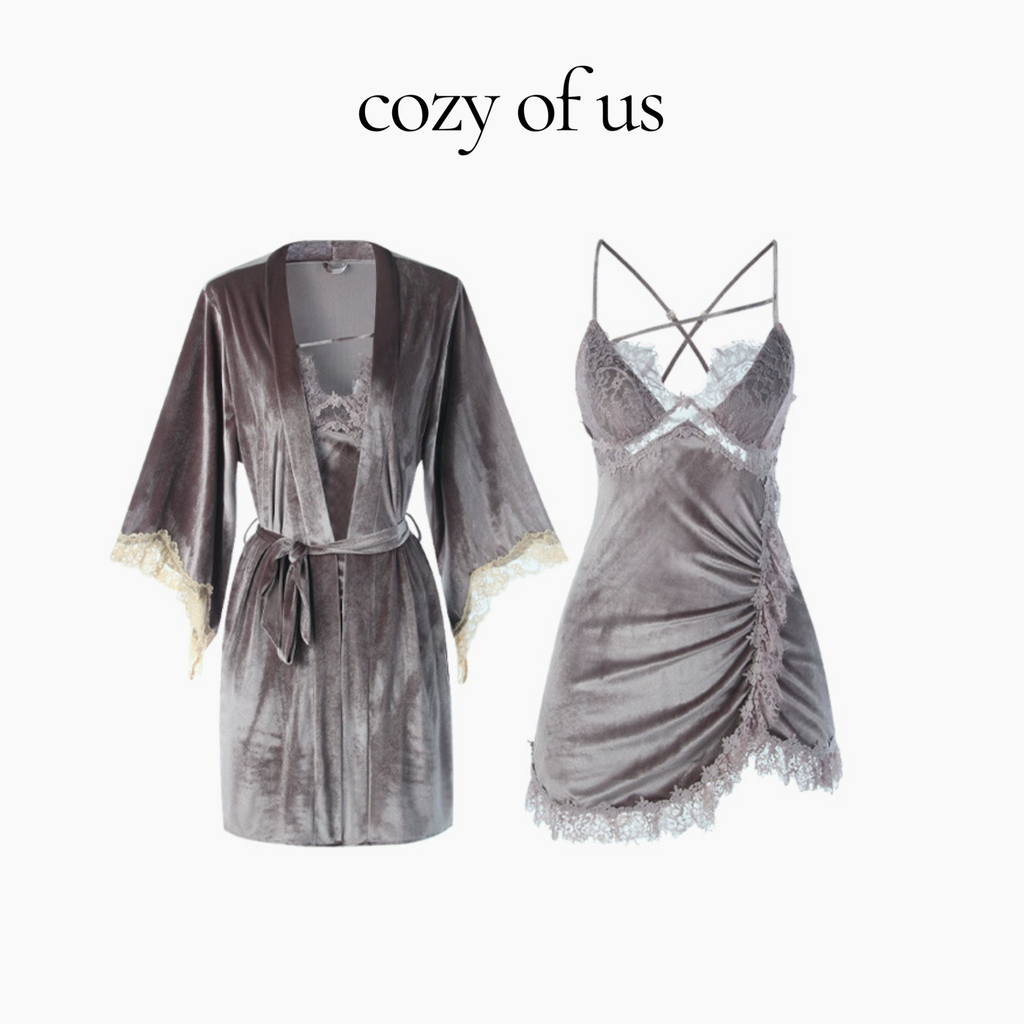 Fransız Stil Dolgulu Sütyenli Kadife Gecelik/Sabahlık Set