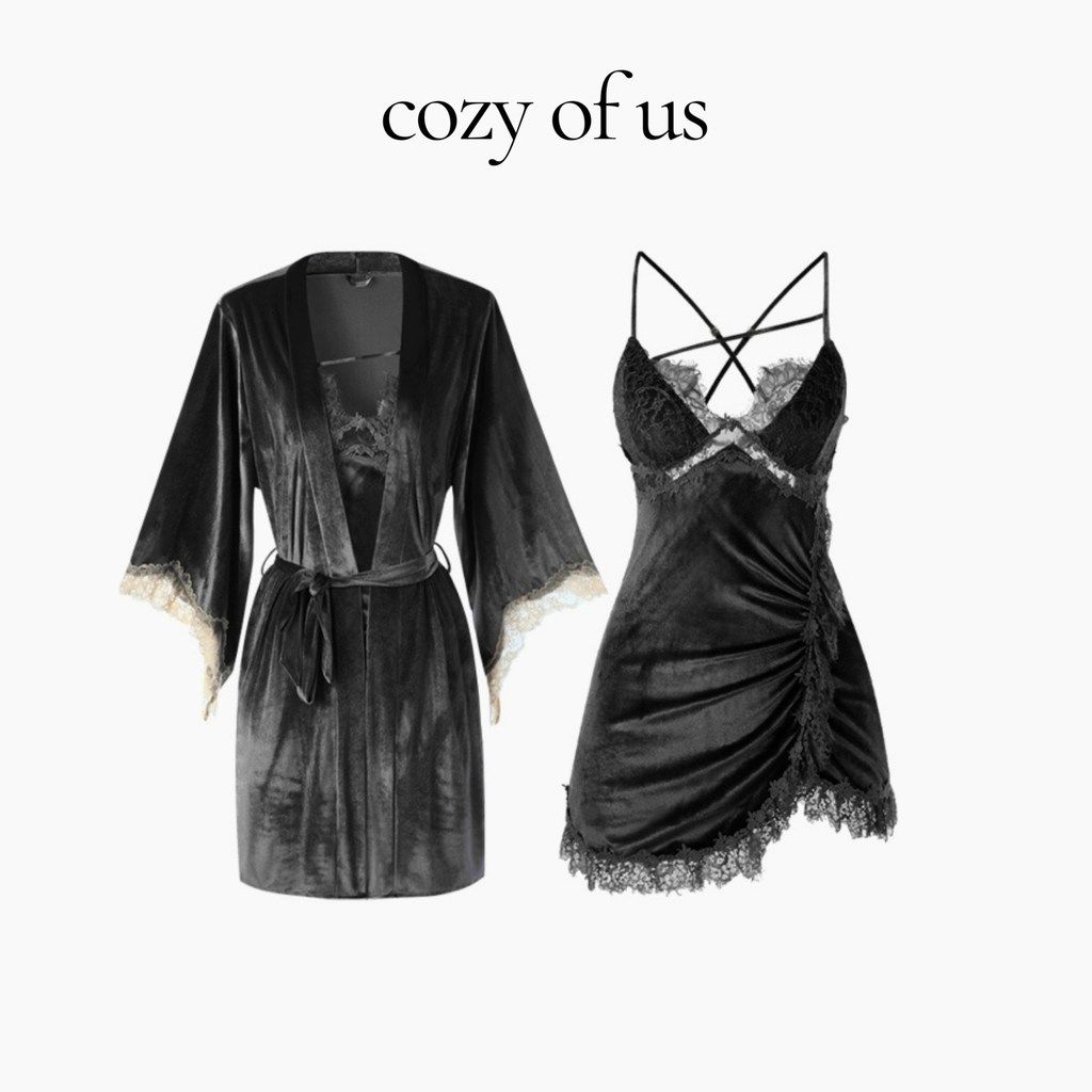 Fransız Stil Dolgulu Sütyenli Kadife Gecelik/Sabahlık Set