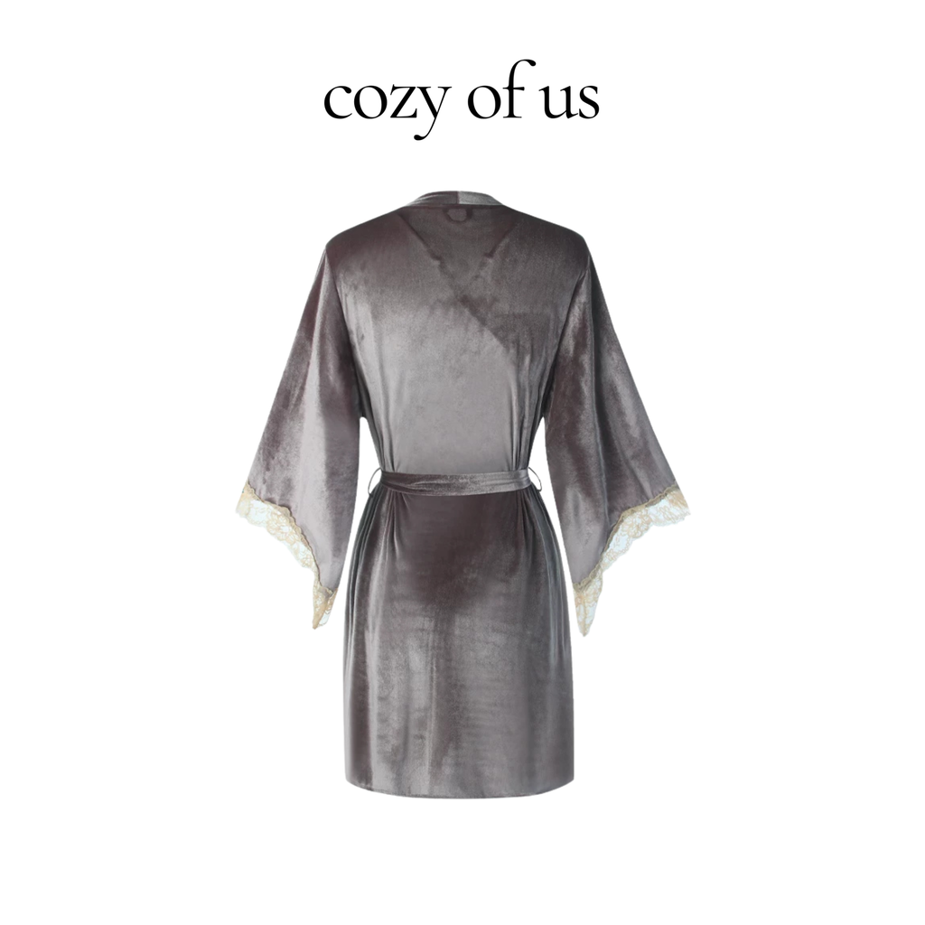 Fransız Stil Dolgulu Sütyenli Kadife Gecelik/Sabahlık Set