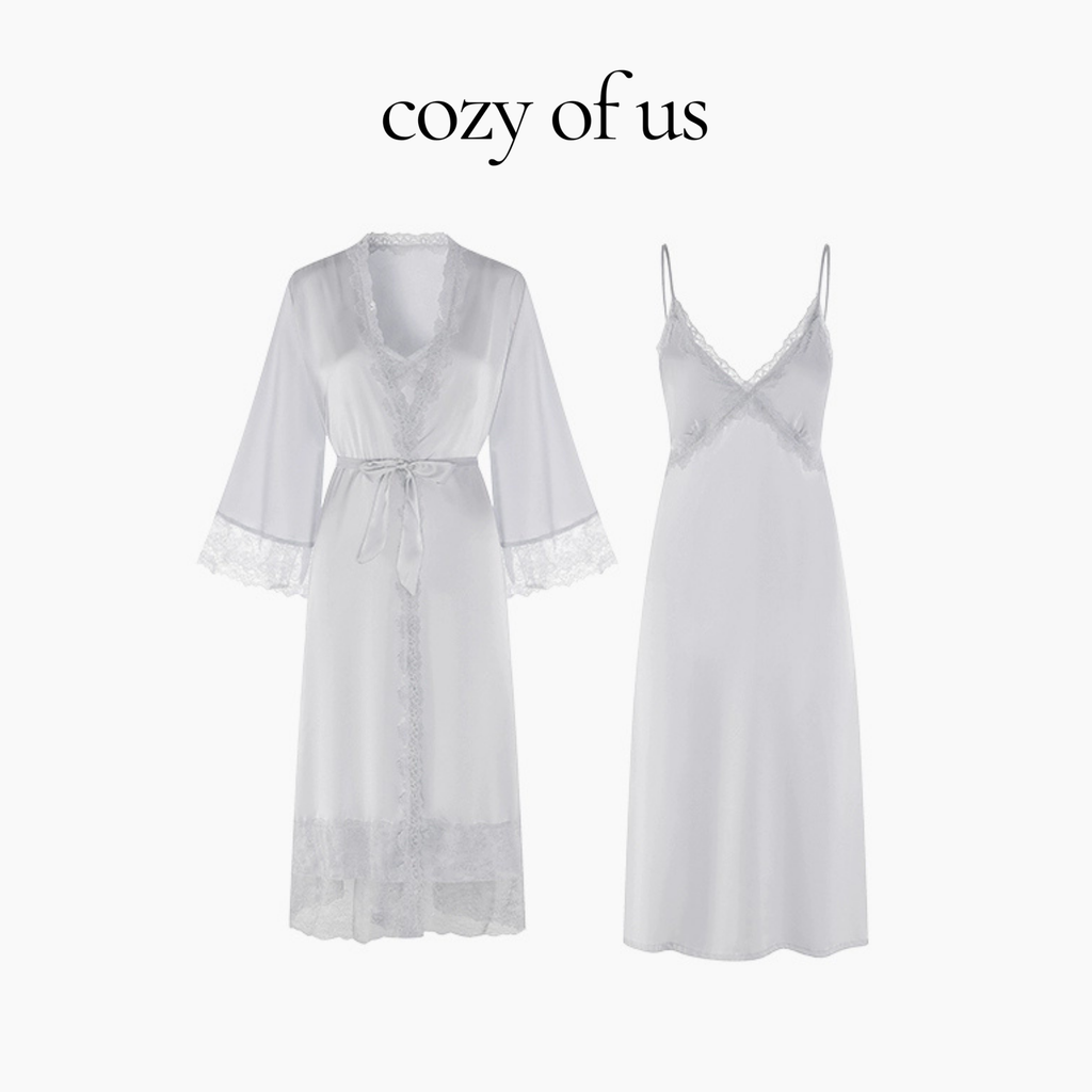 Fransız Stil Dantel Detaylı Uzun Askılı Gecelik/Sabahlık Set