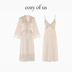 Fransız Stil Dantel Detaylı Uzun Askılı Gecelik/Sabahlık Set