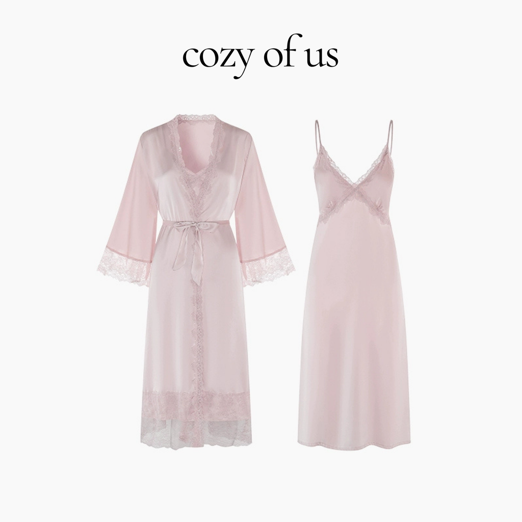 Fransız Stil Dantel Detaylı Uzun Askılı Gecelik/Sabahlık Set