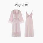 Fransız Stil Dantel Detaylı Uzun Askılı Gecelik/Sabahlık Set