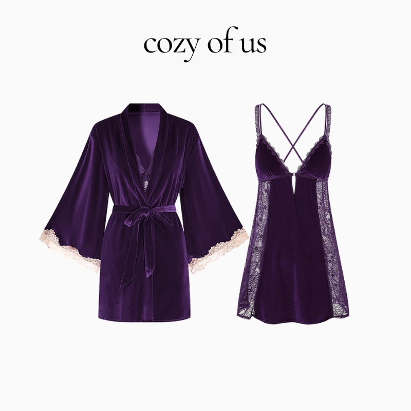 Fransız Yeni Stil Özel Kadife Dantel Gecelik/Sabahlık Set