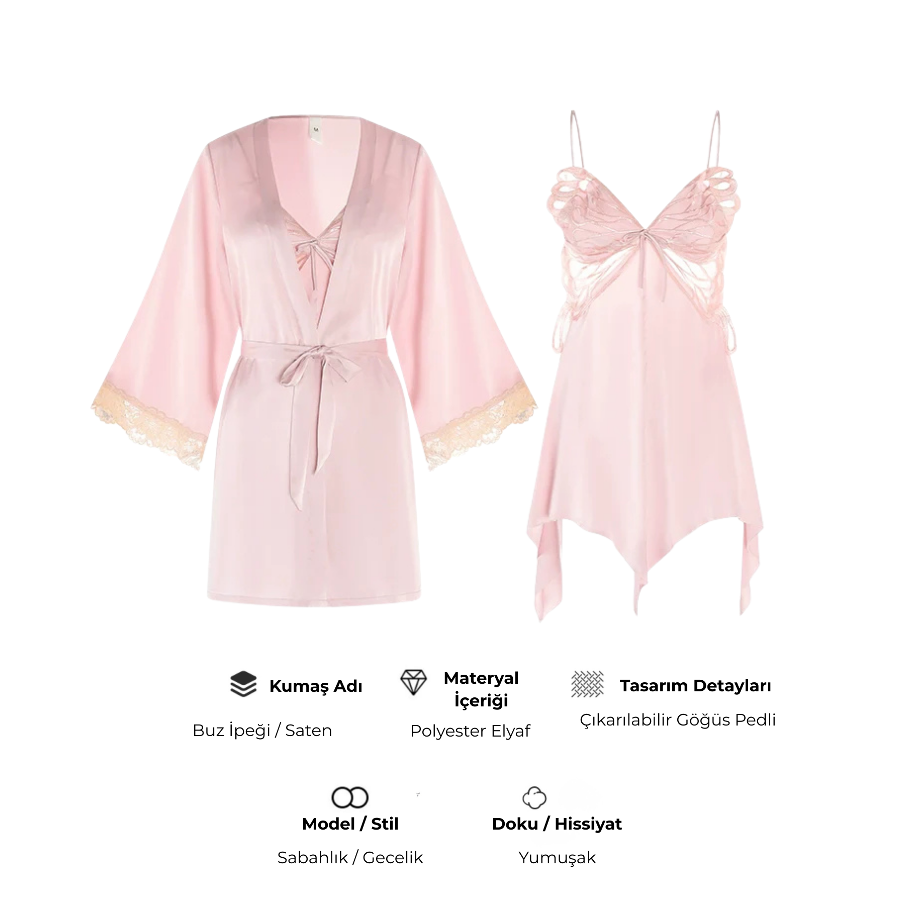 Fransız Yeni Stil Saten Dokulu Dantel Kelebek Gecelik/Sabahlık Set