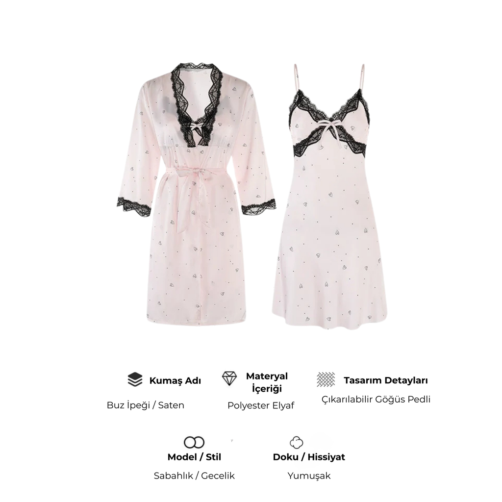 Fransız Yeni Stil Saten Dokulu İnce Model Saf Gecelik/Sabahlık Set