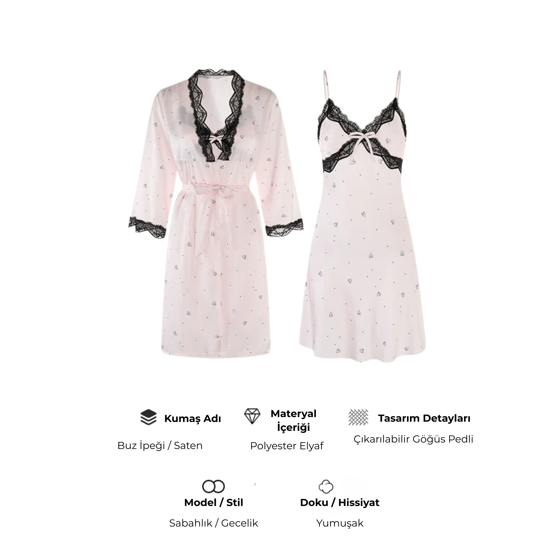 Fransız Yeni Stil Saten Dokulu İnce Model Saf Gecelik/Sabahlık Set