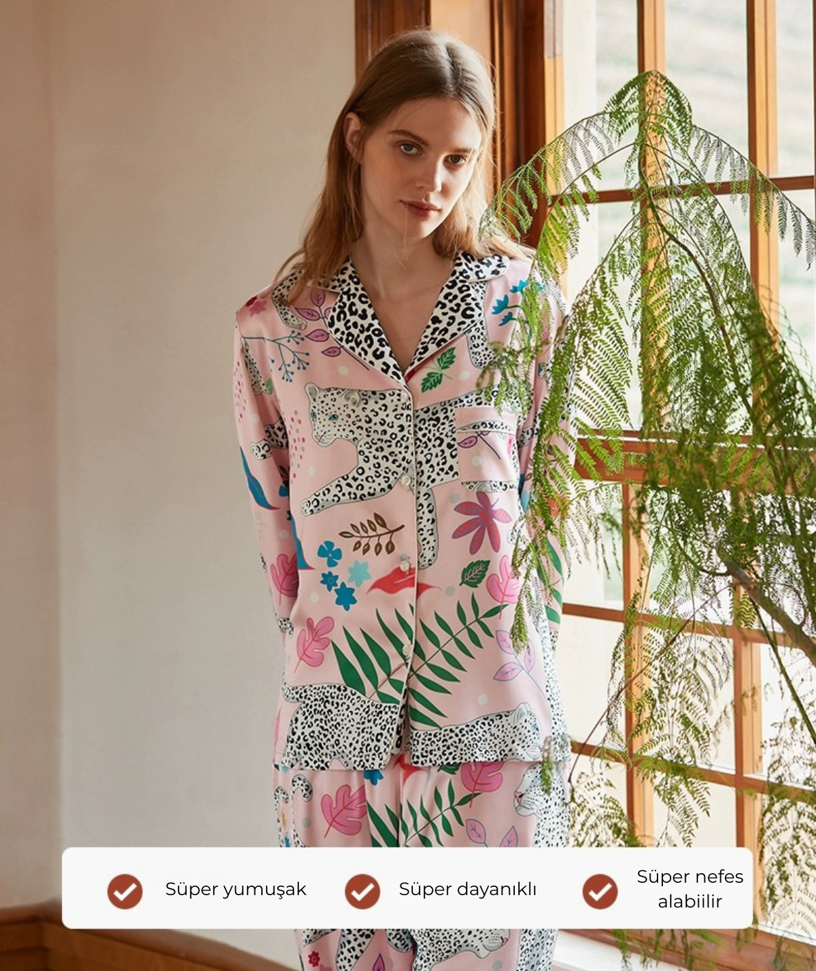 Kar Leopar Fransız Lüks Saten Pijama Takımı