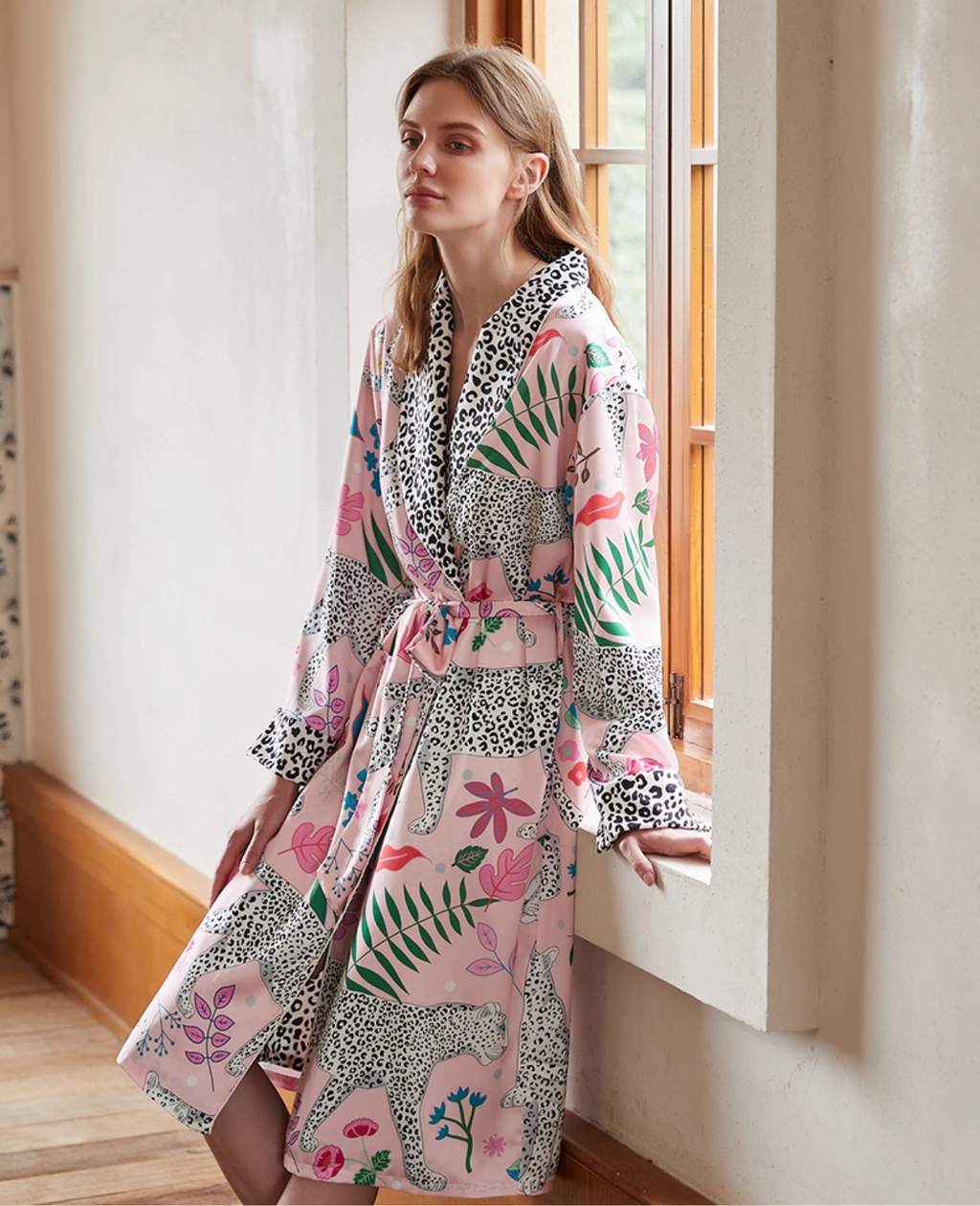 Premium Satin Robe with Snow Leopard Pattern