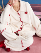 Krem Ponpon Detaylı Lüks Polar Pijama Takımı