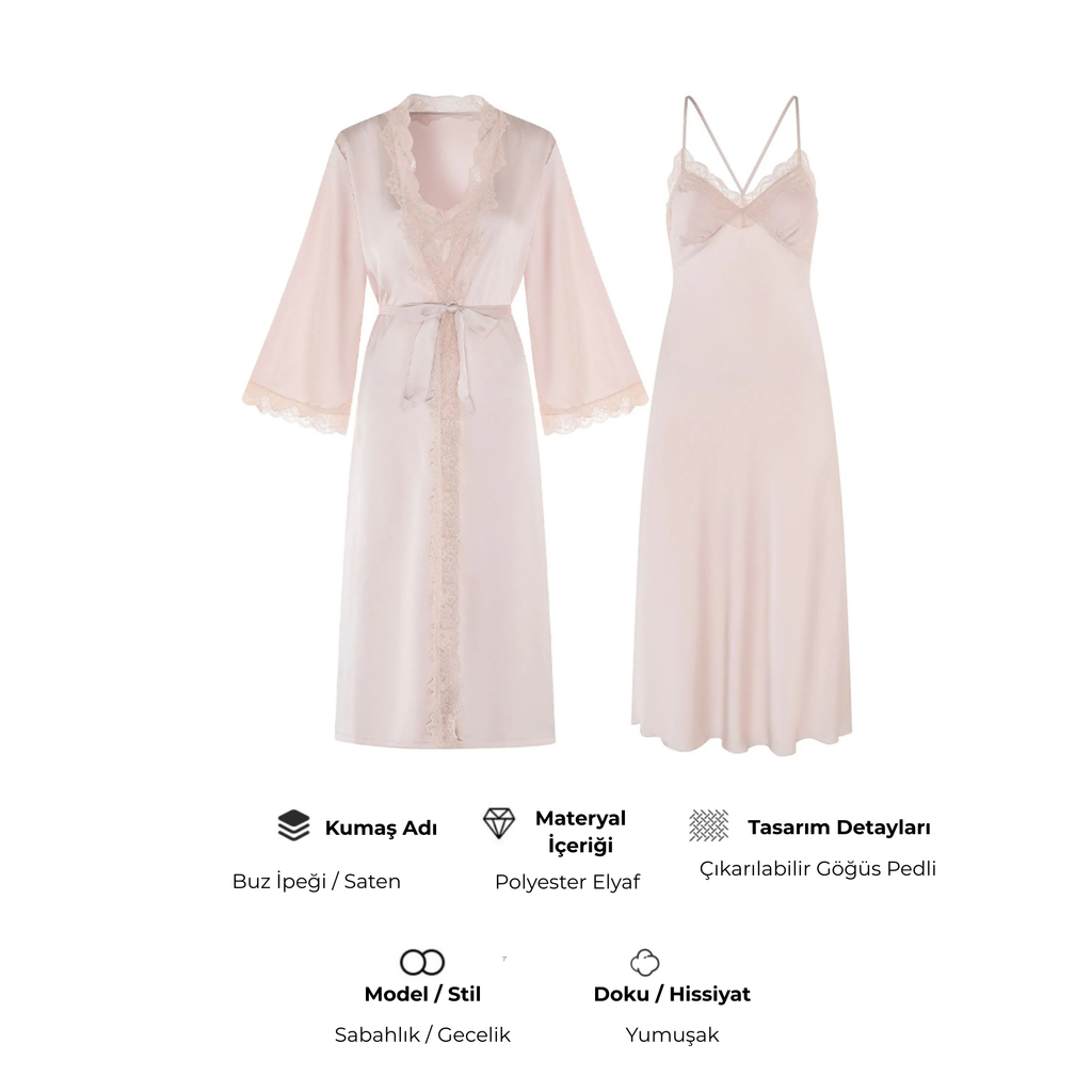 Fransız Yeni Stil Saten Dokulu Gecelik/Sabahlık Set