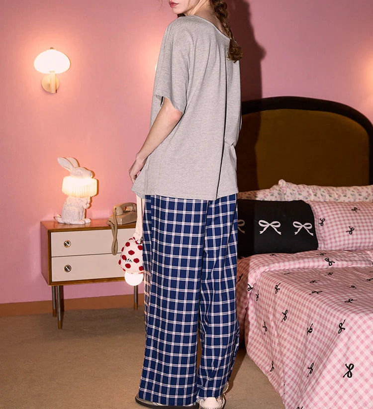 Gri Vintage Ekose Pamuklu Pijama Takımı