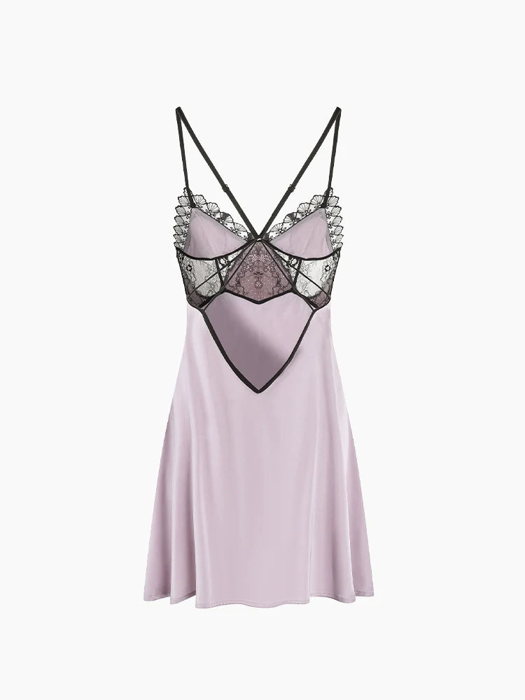 French New Style Satin Textured Pure Lace Nightgown/Morning Gown Set