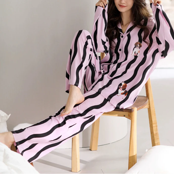 Mor Dalga Desenli Pamuklu Pijama Takımı