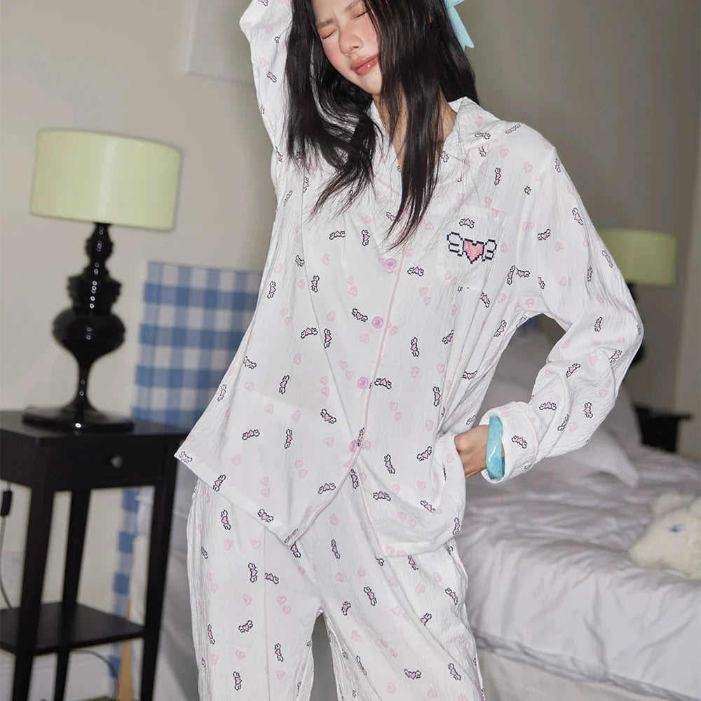 Kalp Desenli Pamuklu Pijama Takımı