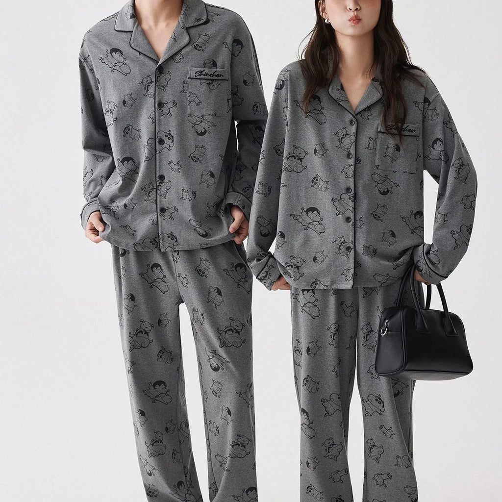 Gri Karakter Desenli Modal Pamuklu Çift Pijama Takımı