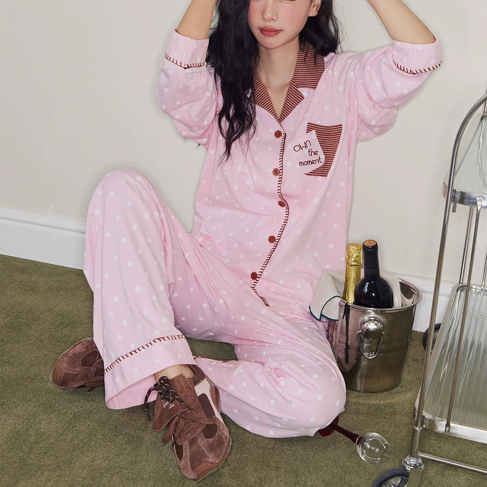 Pembe Puantiyeli İşlemeli Pamuklu Pijama Takımı