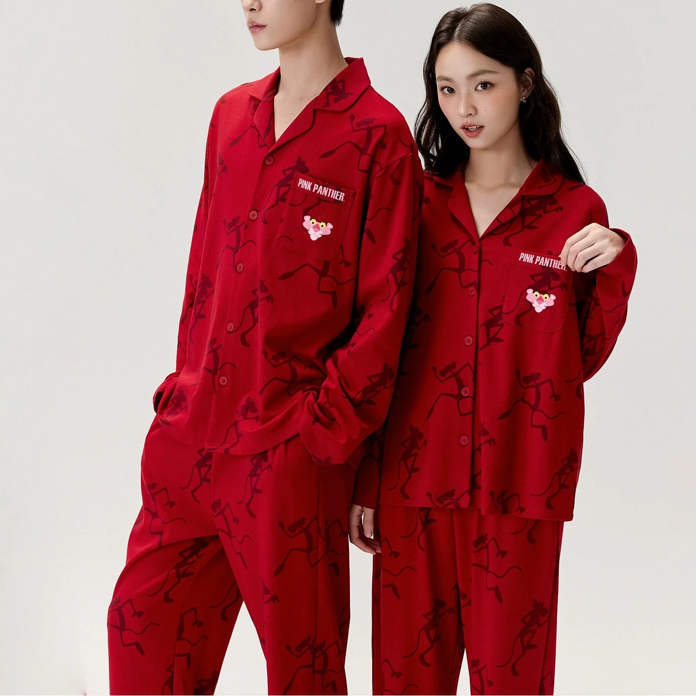 Kırmızı Pink Panther Modal Pamuklu Çift Pijama Takımı