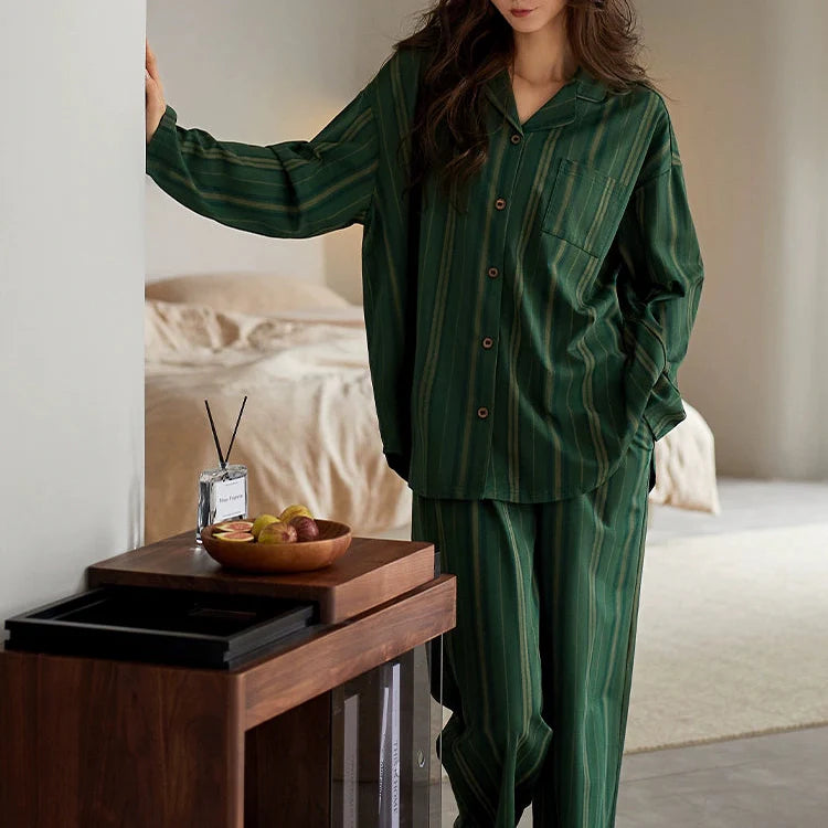 Yeşil Klasik Çizgi Desenli Pamuklu Pijama Takımı