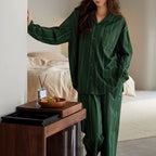 Yeşil Klasik Çizgi Desenli Pamuklu Pijama Takımı