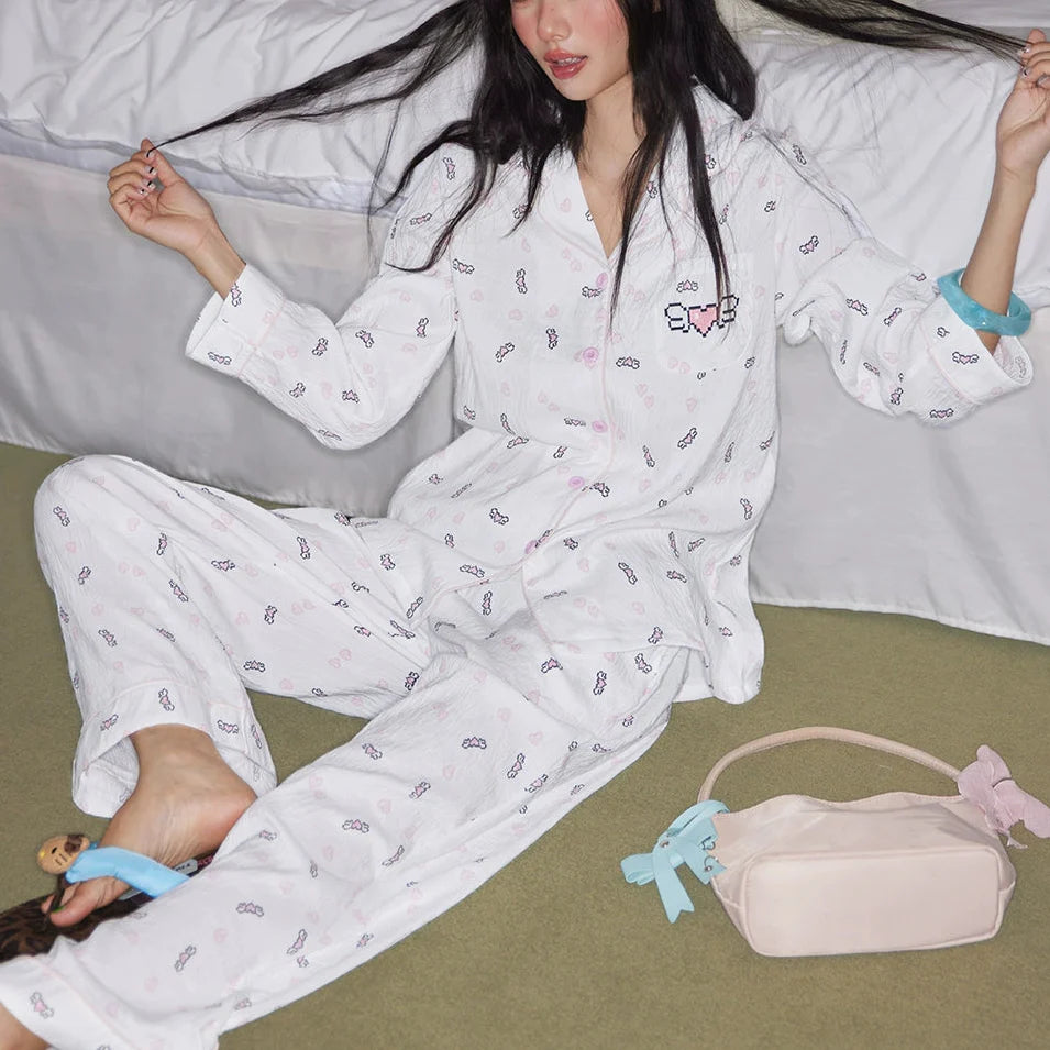 Kalp Desenli Pamuklu Pijama Takımı