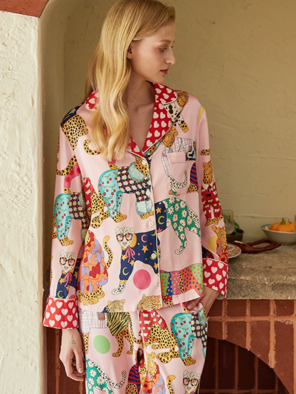 Belle Patchwork Desenli Lüks Saten Pijama Takımı
