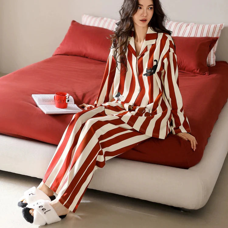 Kırmızı Çizgili Black Cat Tasarım Pamuklu Pijama Takımı