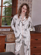 Beyaz Zürafa Tasarım Lüks Saten Pijama Takımı