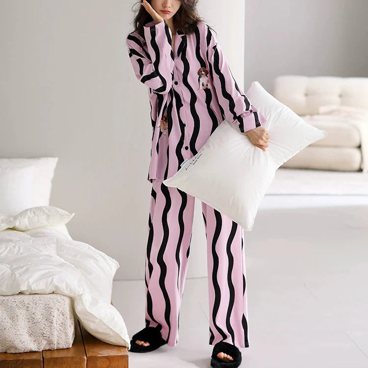 Mor Dalga Desenli Pamuklu Pijama Takımı