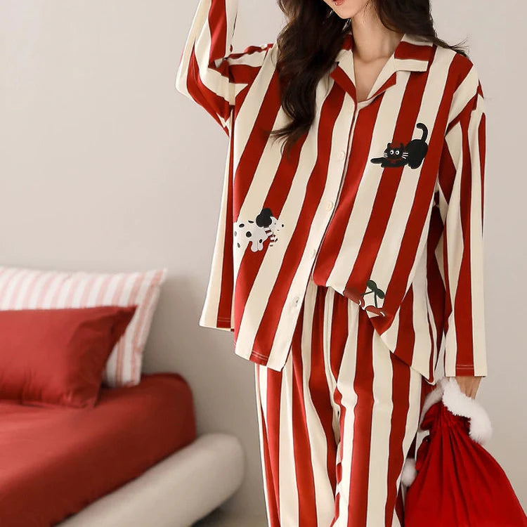 Kırmızı Çizgili Black Cat Tasarım Pamuklu Pijama Takımı