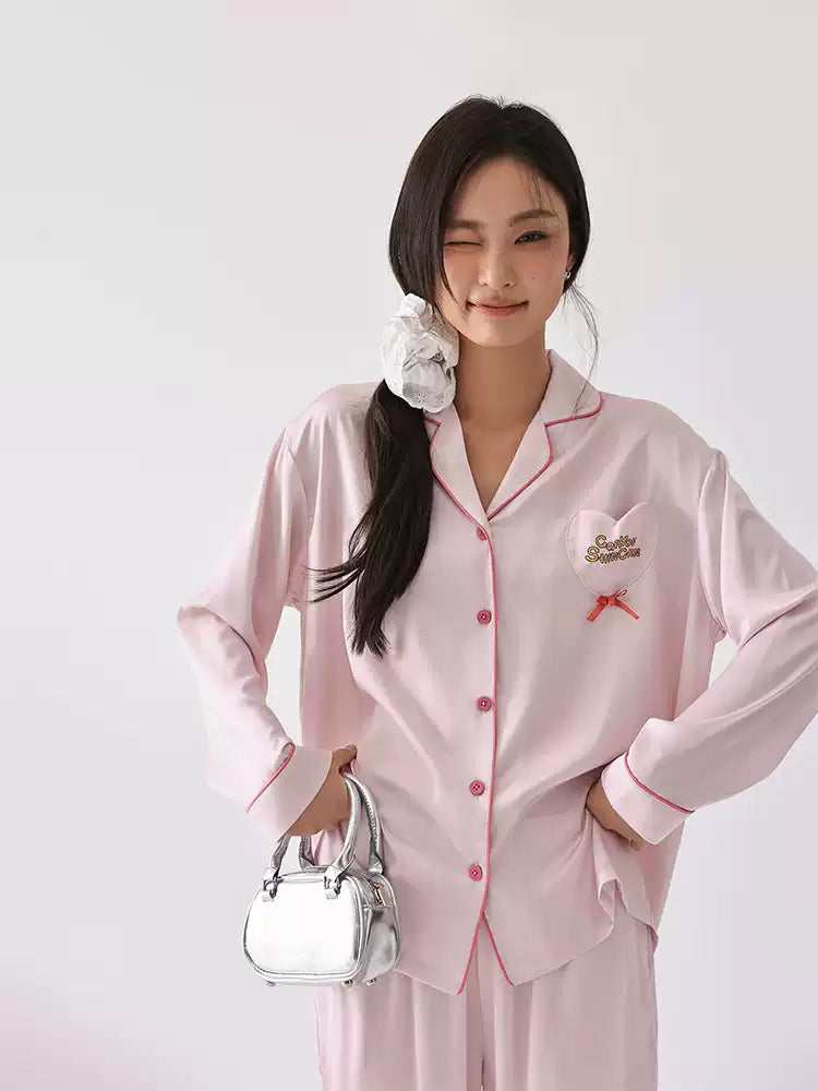 Pembe Kalp Yaka Saten Pijama Takımı