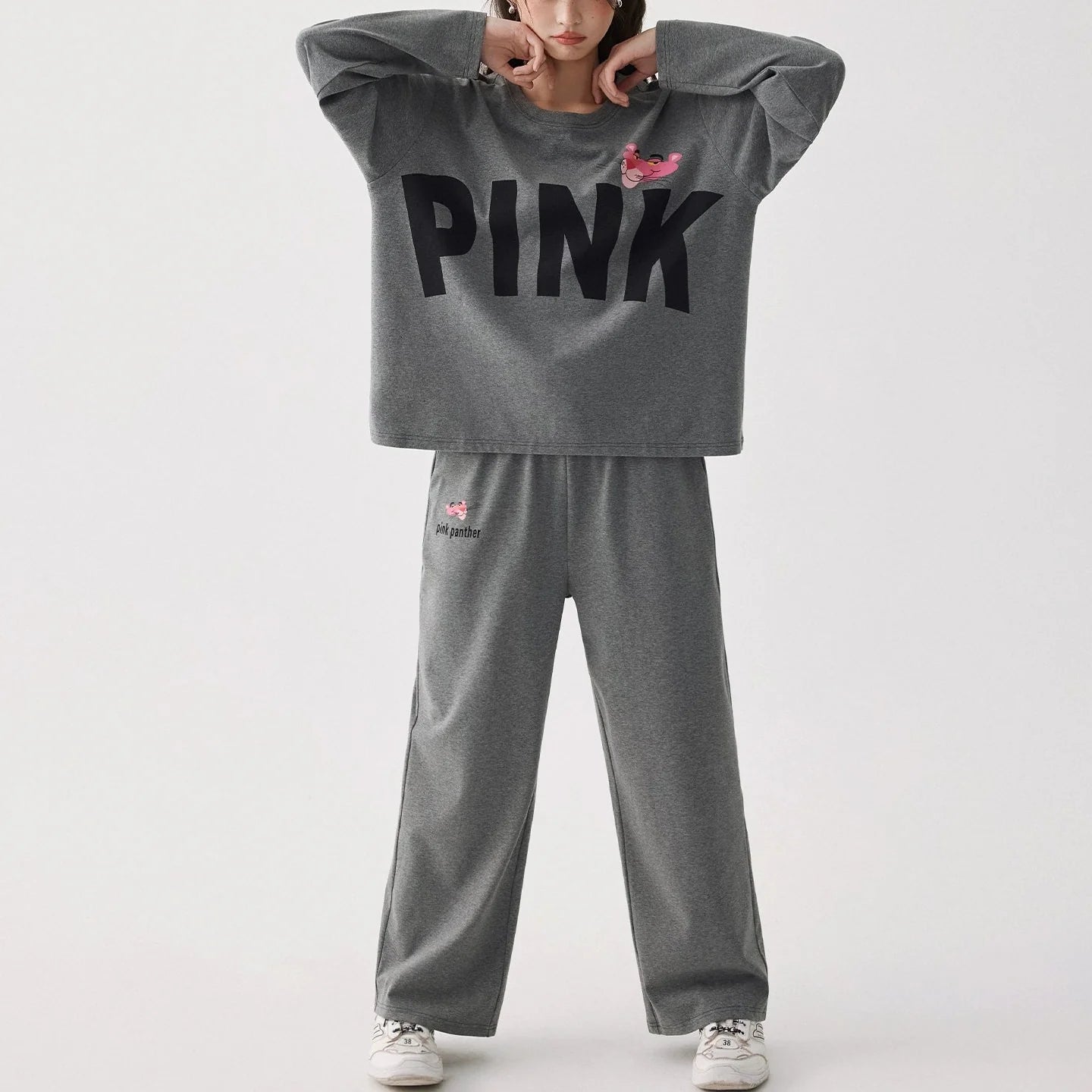 Gri Pink Panther Desenli Modal Pamuklu Pijama Takımı