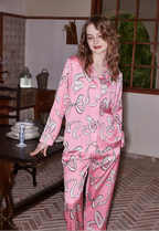 Pembe Fiyonklu Tasarım Lüks Saten Pijama Takımı