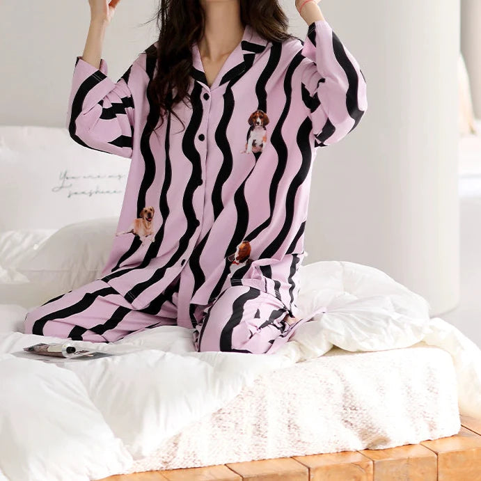 Mor Dalga Desenli Pamuklu Pijama Takımı