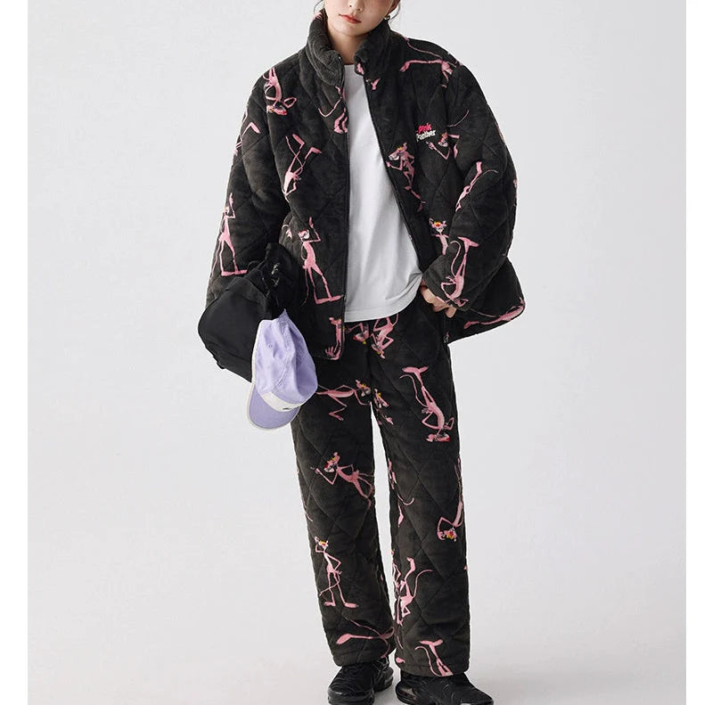 Siyah Kapüşonlu Pink Panther Flanel Kışlık Pijama Takımı